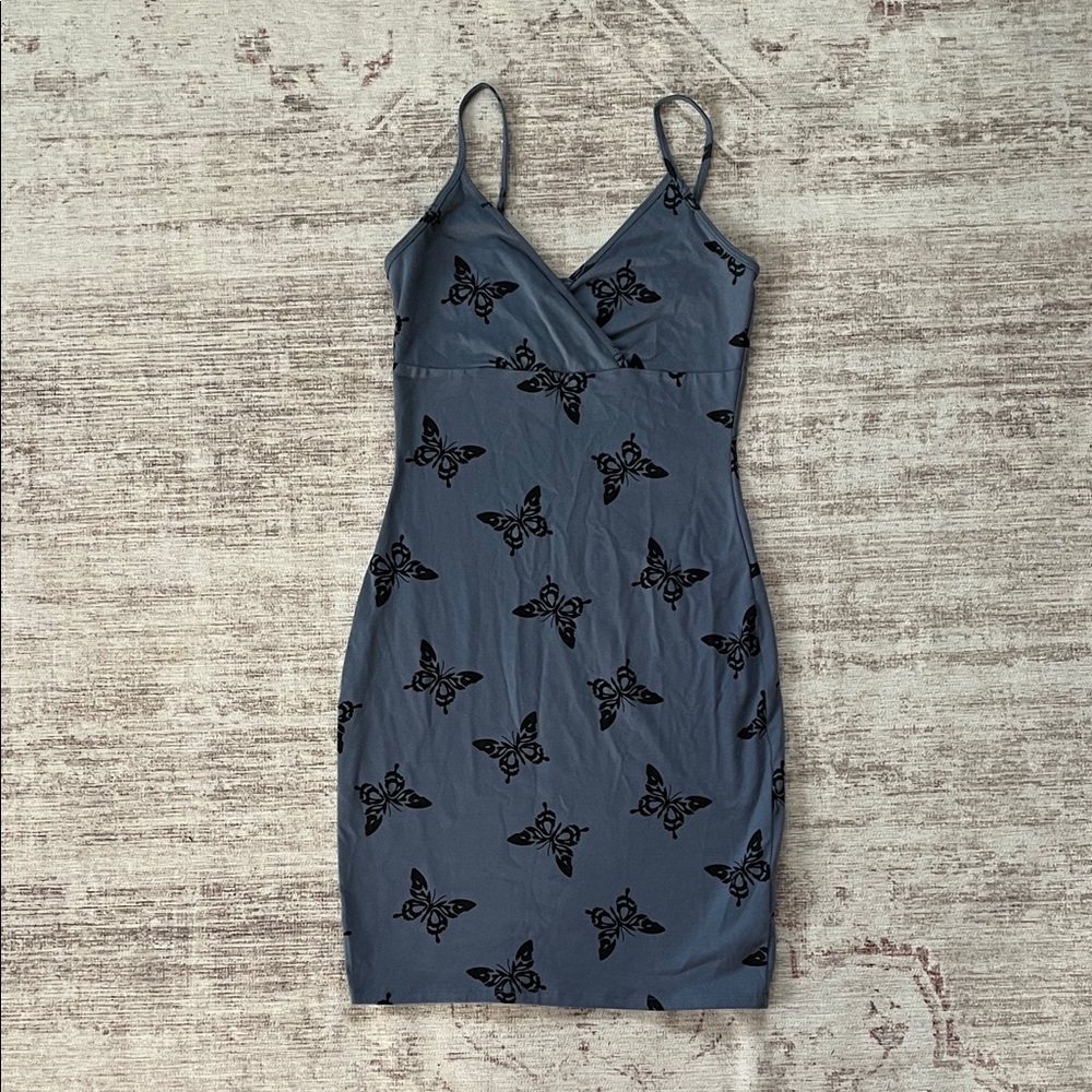 Blue Dress with Black Butterfly Print